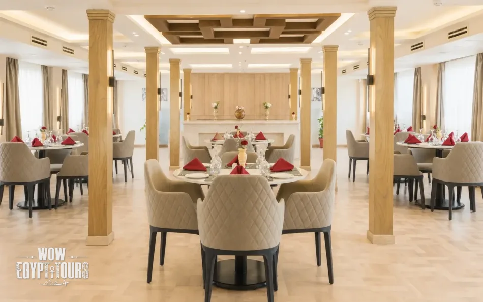 Indoor dining area aboard Merit Dahabiya Nile Cruise