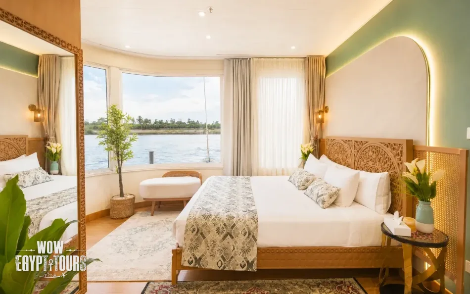 Spacious panoramic suite with bedroom and seating area aboard Nayera Dahabiya Nile Cruise
