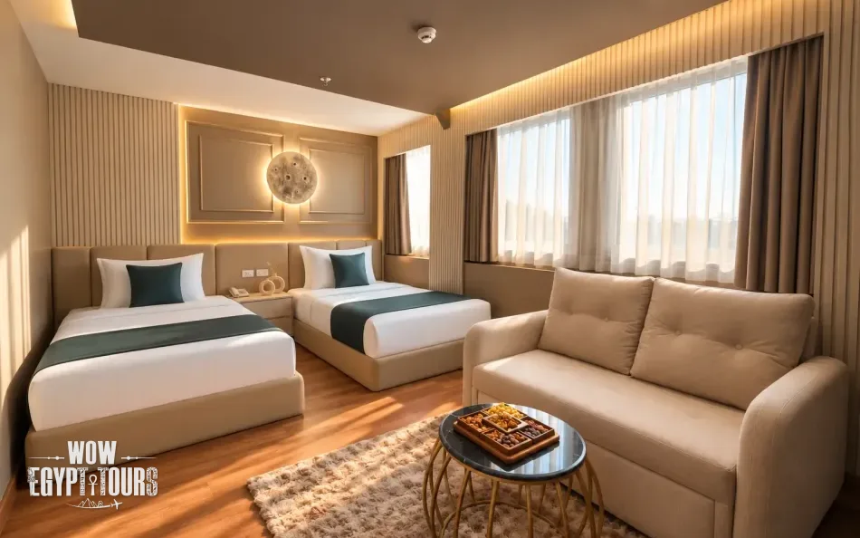 Spacious suite with bedroom and seating area aboard Merit II Dahabiya Nile Cruise