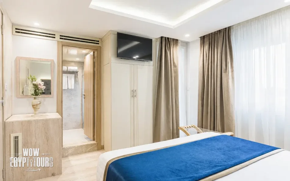 Interior view of a double cabin aboard Merit Dahabiya Nile Cruise