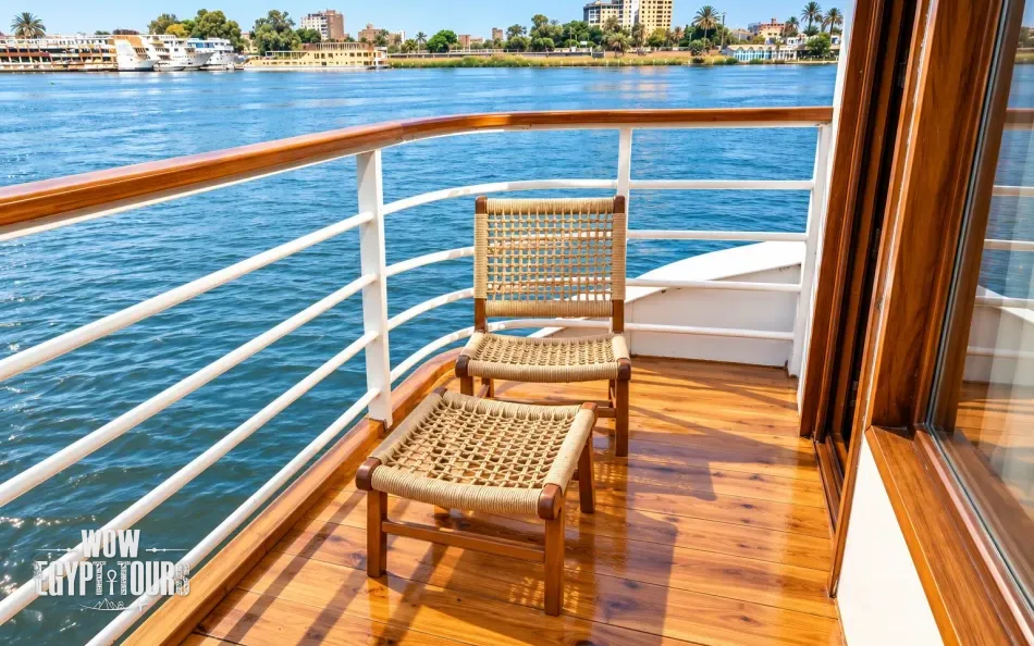 Private balcony overlooking the Nile River aboard Per Ba Merkaba Dahabiya Nile Cruise