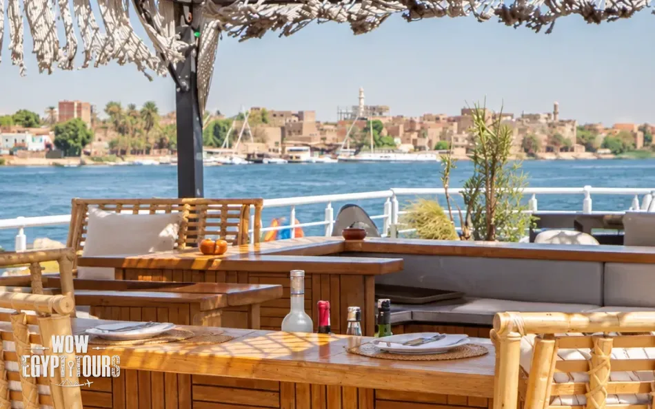 Open-air dining area on the sun deck of Le Fayan Nile Cruise