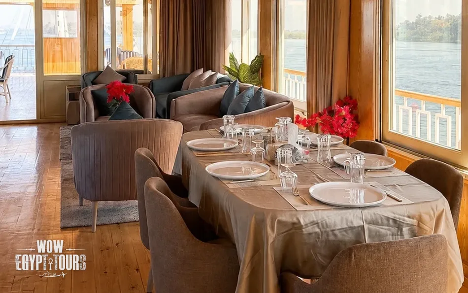 Dining area aboard Étoile d'Égypte Dahabiya Nile Cruise