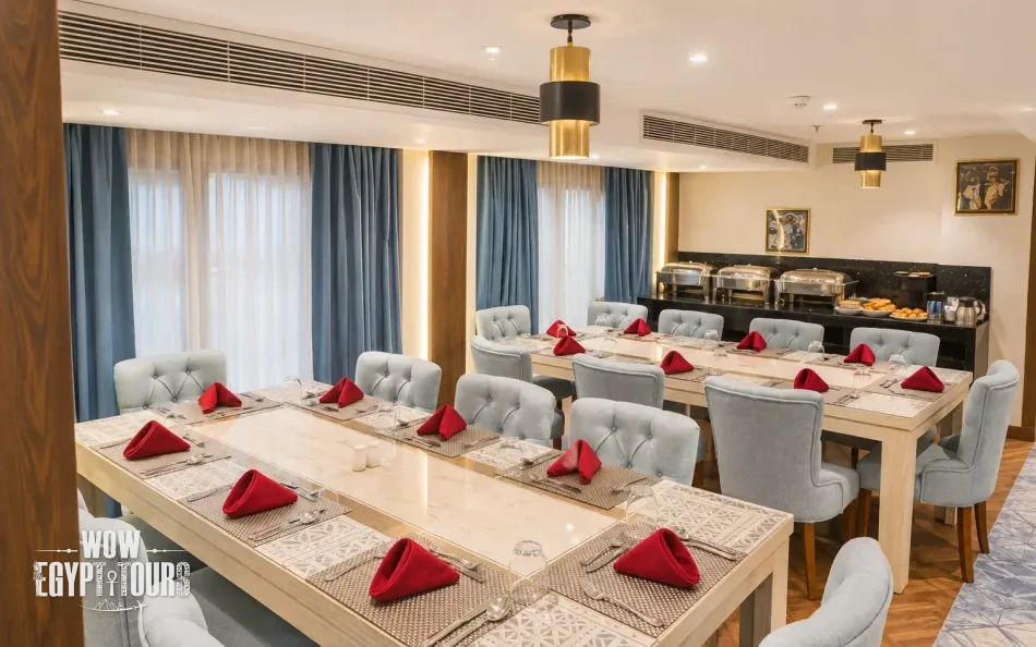 Indoor dining area aboard Iris Dahabiya Nile Cruise