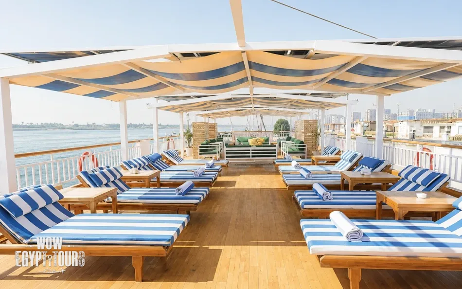 Sun loungers on the sun deck of Gardenia Dahabiya Nile Cruise