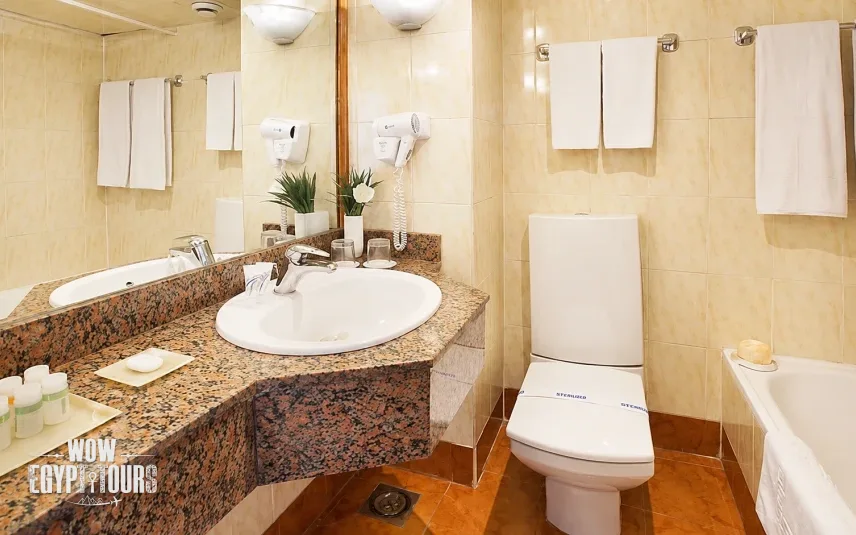 Private cabin bathroom aboard La Traviata Nile Cruise