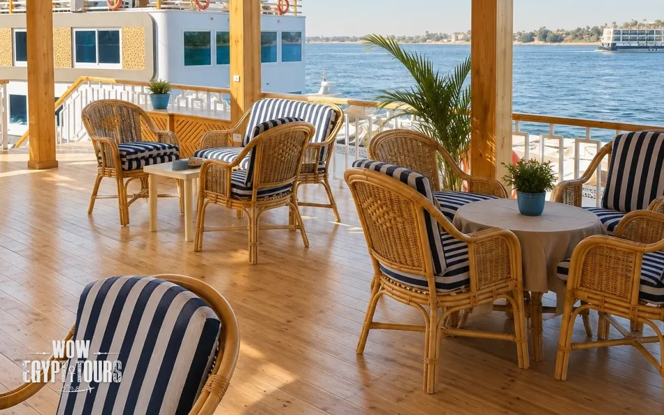 Open-air dining area on the sun deck of Étoile d'Égypte Dahabiya Nile Cruise