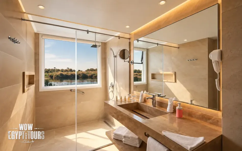 Private cabin bathroom aboard Merit II Dahabiya Nile Cruise