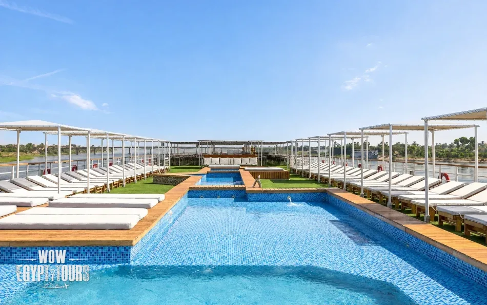 Outdoor swimming pool on the sun deck of Radamis I Nile Cruise