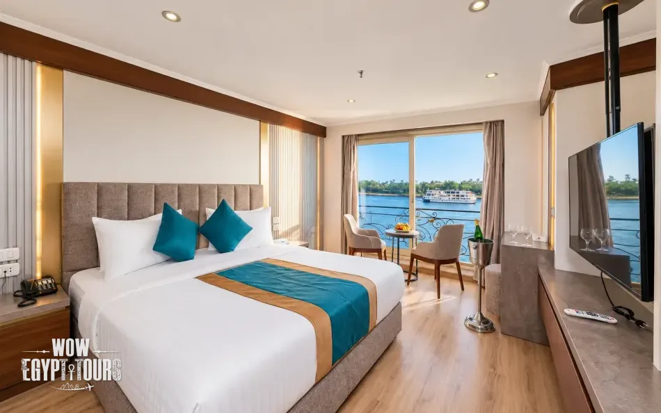 Double cabin with a large bed aboard Nile Story Nile Cruise