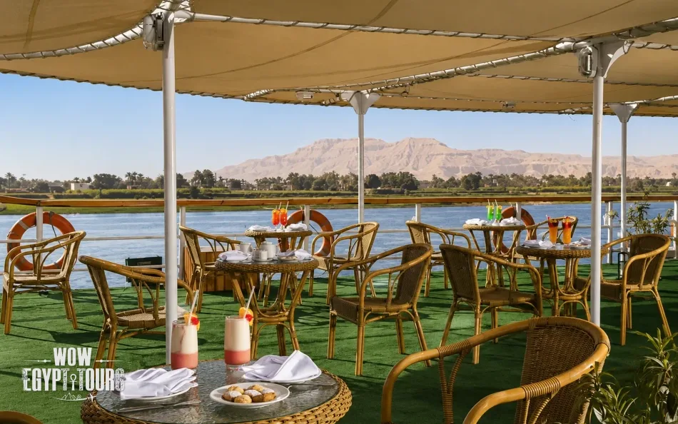 Sun deck with outdoor seating aboard Jaz Crown Prince Nile Cruise