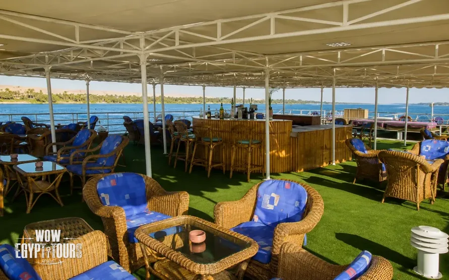 Shaded seating area on the sun deck of Nile Quest Nile Cruise