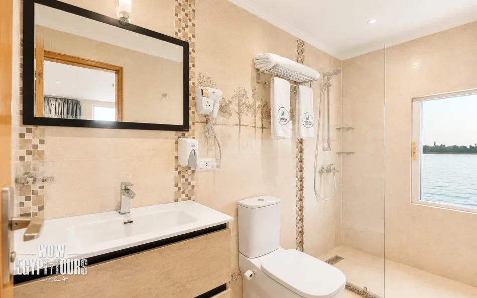 Private cabin bathroom aboard Fatima Dahabiya Nile Cruise
