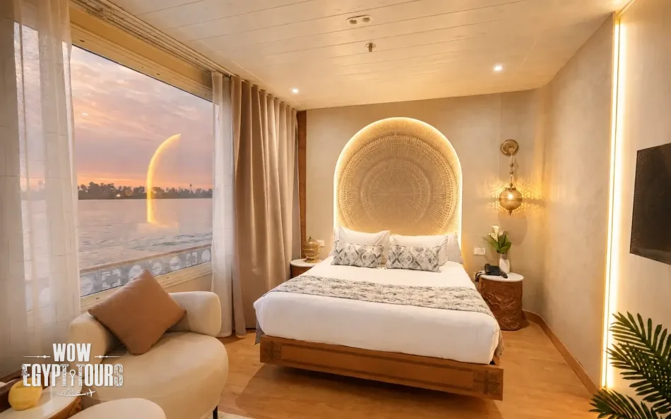 Spacious suite with bedroom and seating area aboard Nayera Dahabiya Nile Cruise