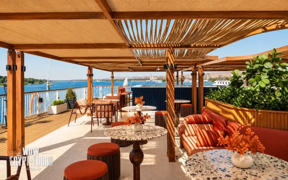 Outdoor seating area on the sun deck of Tulip Nile Cruise