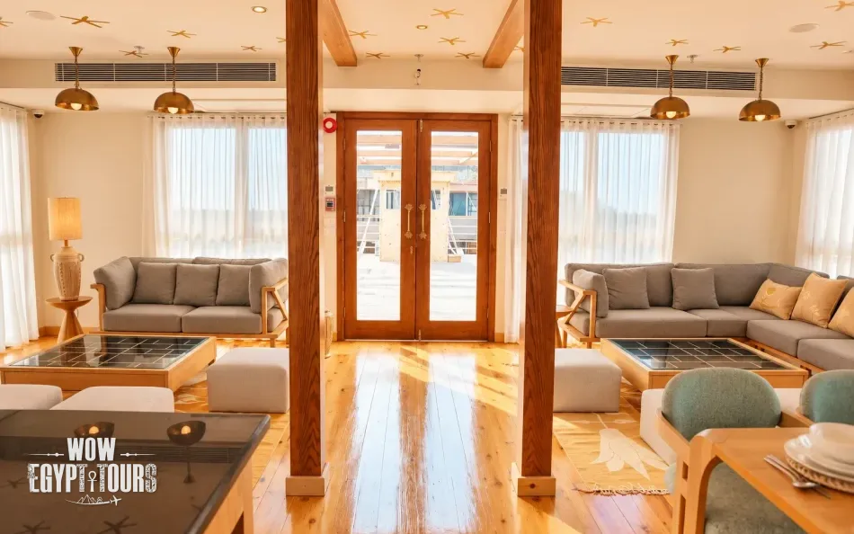 Lounge seating area aboard Per Ba Merkaba Dahabiya Nile Cruise