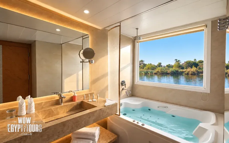 Private bathroom of the Royal Suite aboard Merit II Dahabiya Nile Cruise