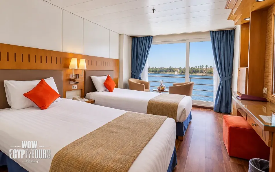 Twin cabin with two separate beds aboard Mojito Nile Cruise