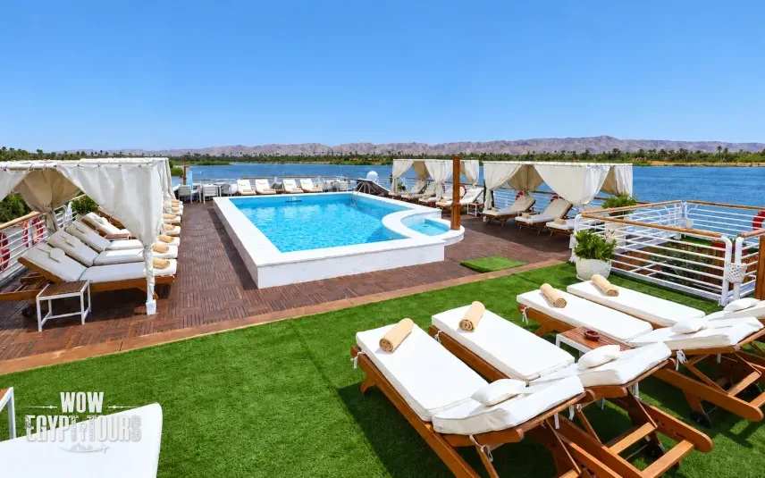 Outdoor swimming pool on the sun deck of Acamar Nile Cruise