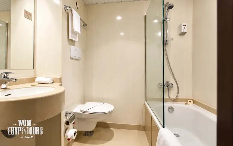 Private cabin bathroom aboard Jaz Crown Jubilee Nile Cruise