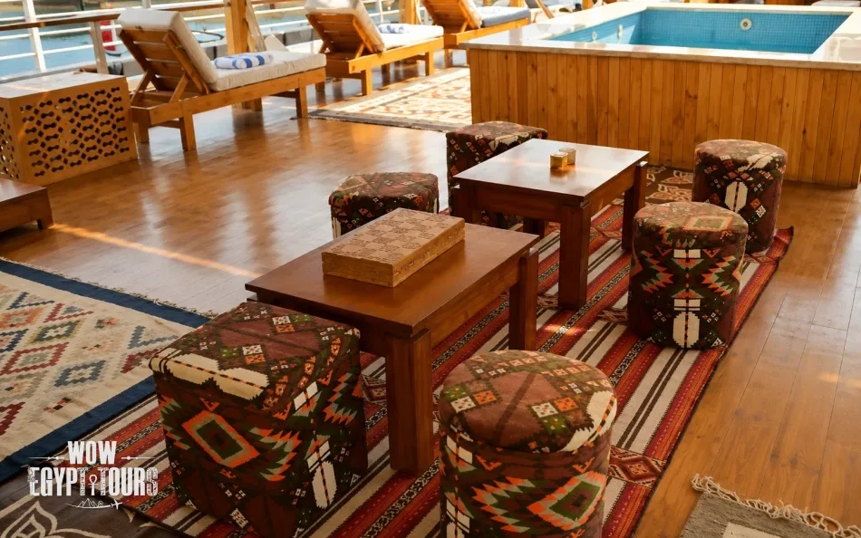 Outdoor seating area on the sun deck of Turquoise Dahabiya Nile Cruise