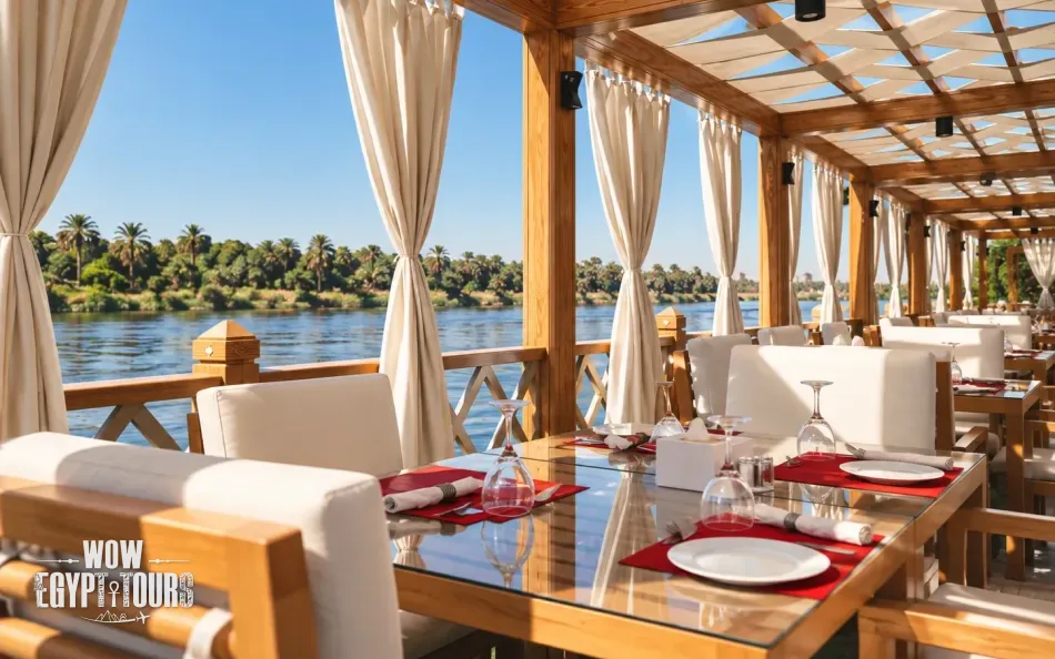 Open-air dining area on the sun deck of Merit II Dahabiya Nile Cruise