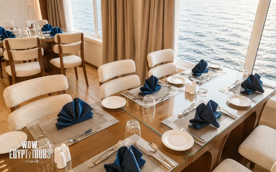 Indoor dining table aboard Swan Dahabiya Nile Cruise