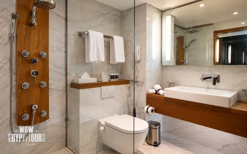 Private cabin bathroom aboard Le Fayan Nile Cruise