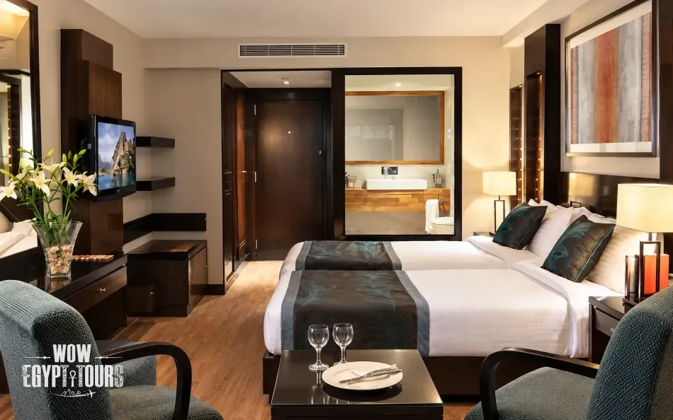 Interior view of a twin cabin aboard Le Fayan Nile Cruise