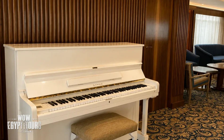 Piano in the lounge aboard Radamis I Nile Cruise
