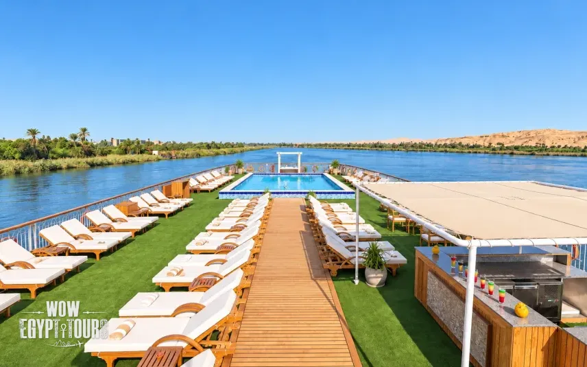 Outdoor seating and sun loungers on the sun deck of Nile Capital Nile Cruise