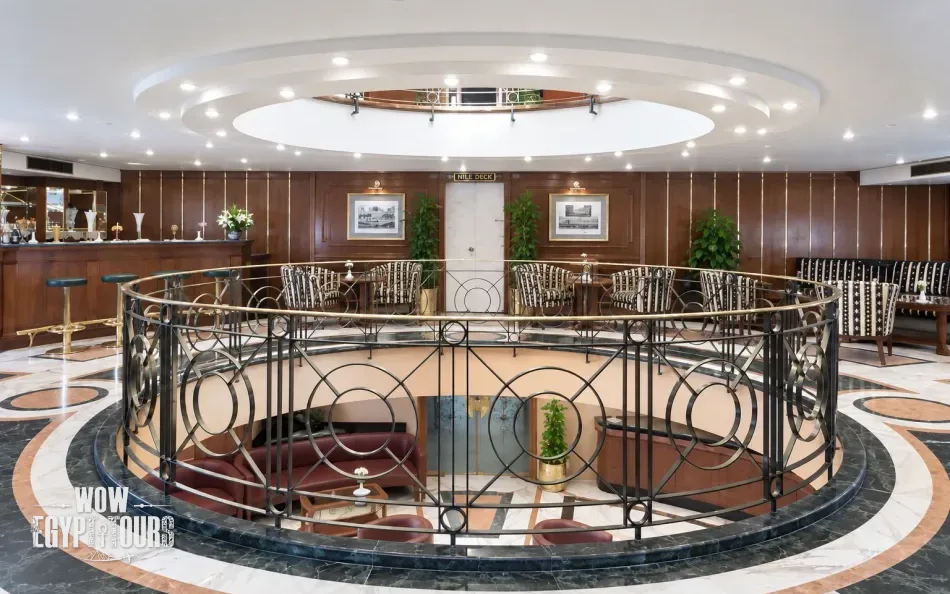 Atrium lobby with upper-level balcony aboard Jaz Celebrity Nile Cruise