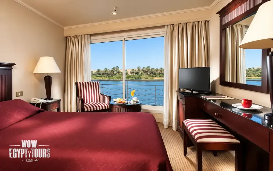 Double cabin with a large bed aboard Jaz Crown Jubilee Nile Cruise