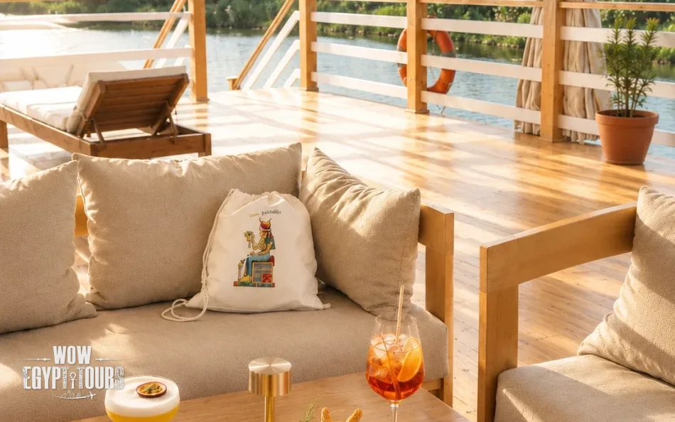 Outdoor lounge seating on the sun deck of Swan Dahabiya Nile Cruise