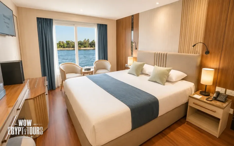 Double cabin with a large bed aboard Renaissance Nile Cruise