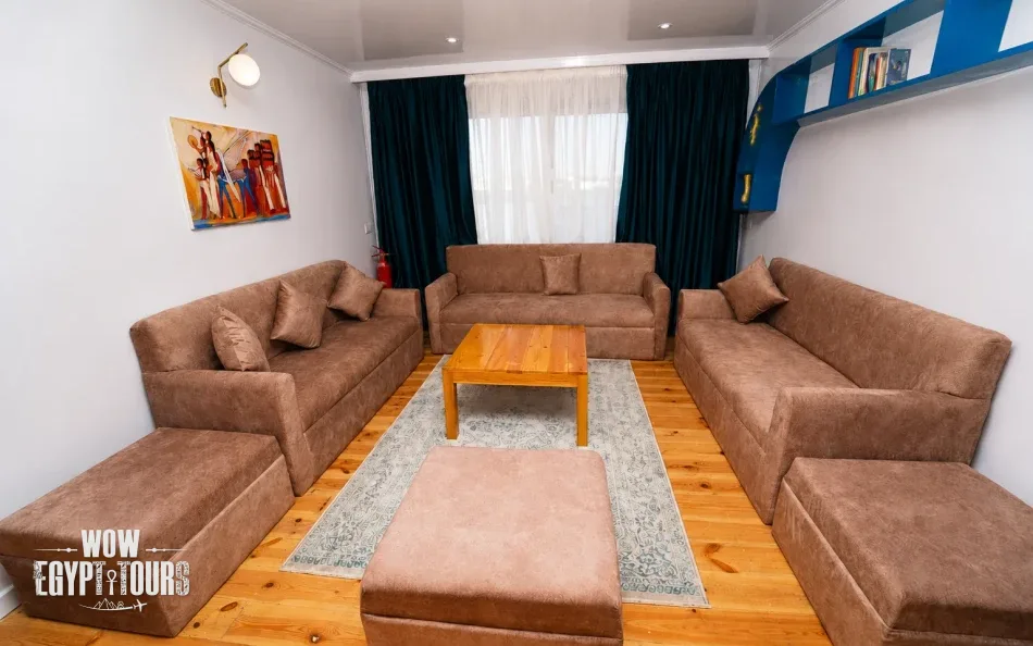 Indoor salon with sofa seating aboard Turquoise Dahabiya Nile Cruise