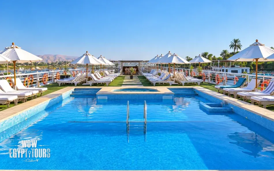 Outdoor swimming pool on the sun deck of Jamila Nile Cruise
