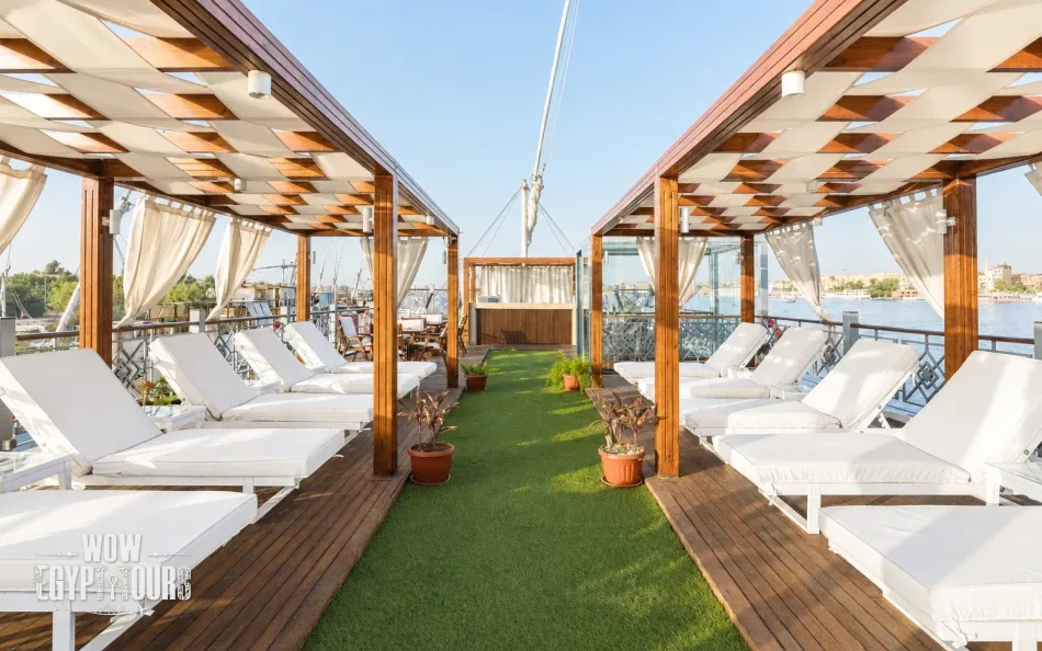 Sun deck seating and loungers aboard Merit Dahabiya Nile Cruise