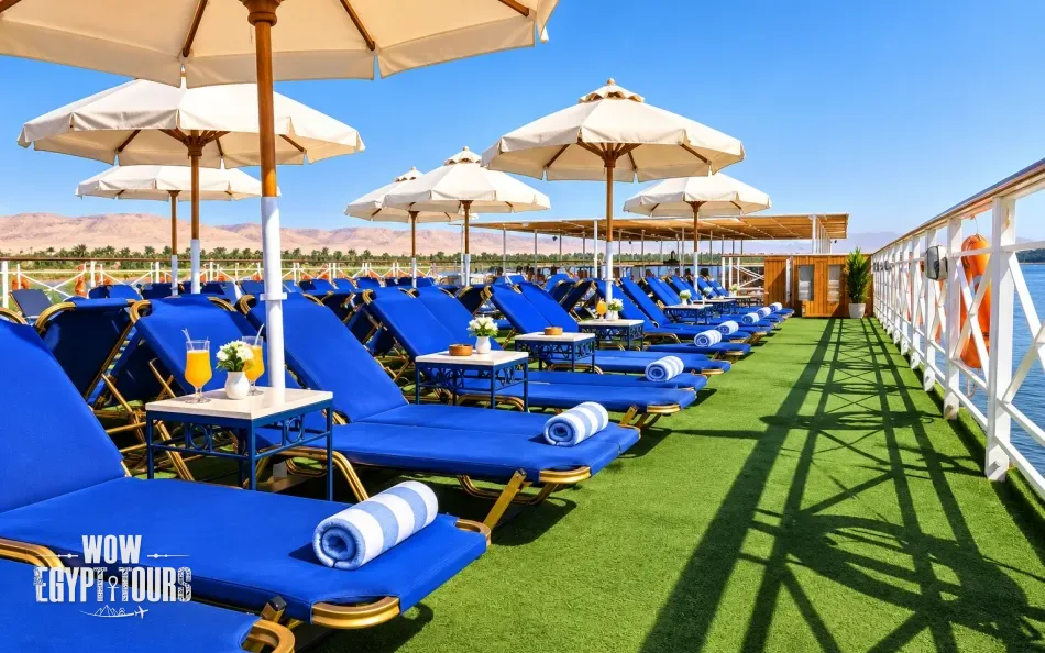 Sun deck with lounge chairs aboard Jaz Crown Emperor Nile Cruise