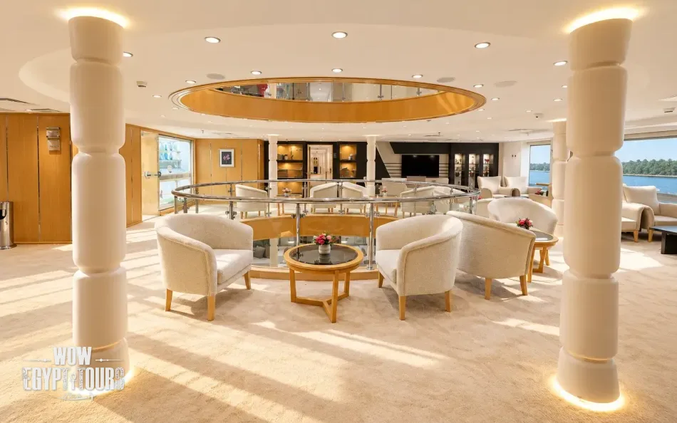 Interior view of the lobby aboard Acamar Nile Cruise