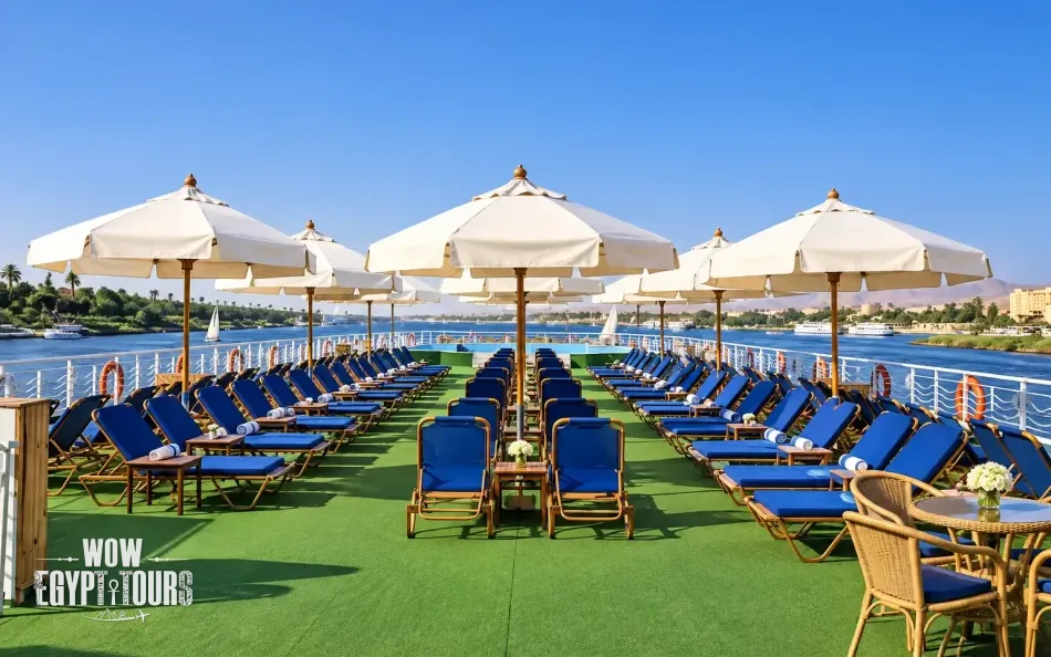 Sun deck with loungers aboard Jaz Crown Empress Nile Cruise