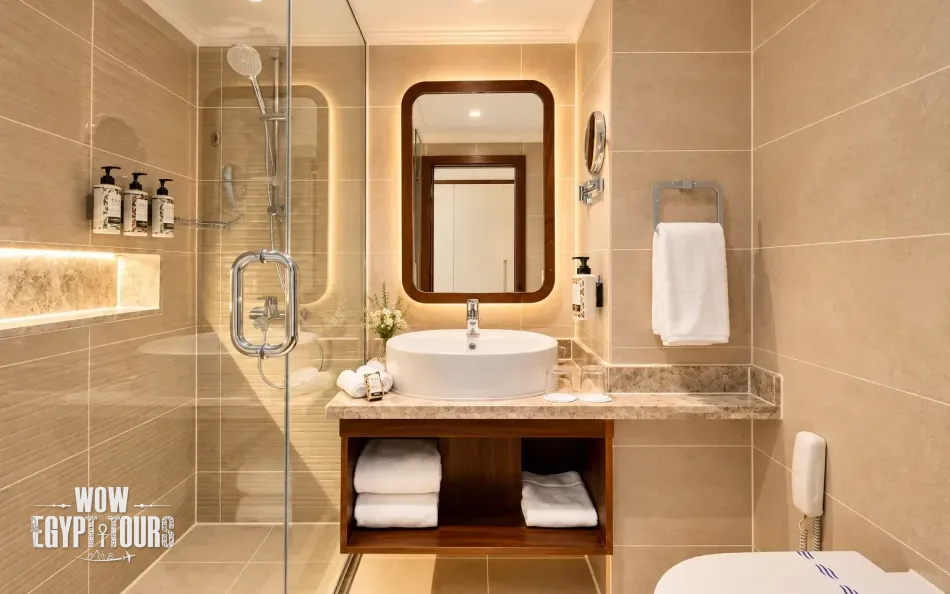 Private cabin bathroom aboard Tulip Nile Cruise