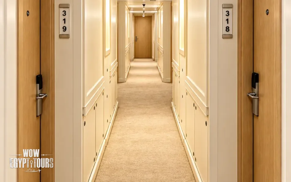 Interior cabin corridor aboard Acamar Nile Cruise