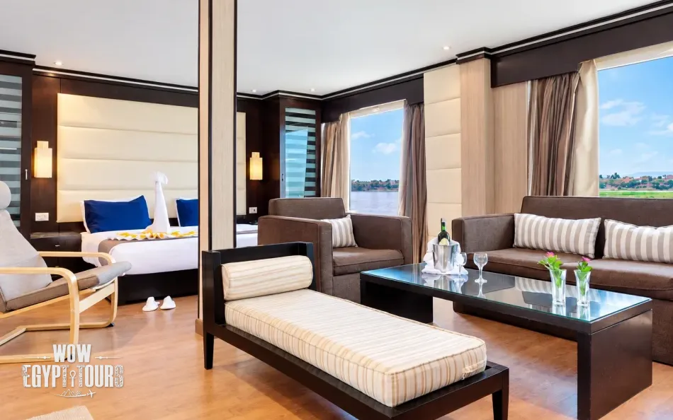 Spacious suite with seating area aboard Nile Premium Nile Cruise