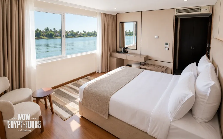 Twin cabin interior with a twin beds aboard Swan Dahabiya Nile Cruise
