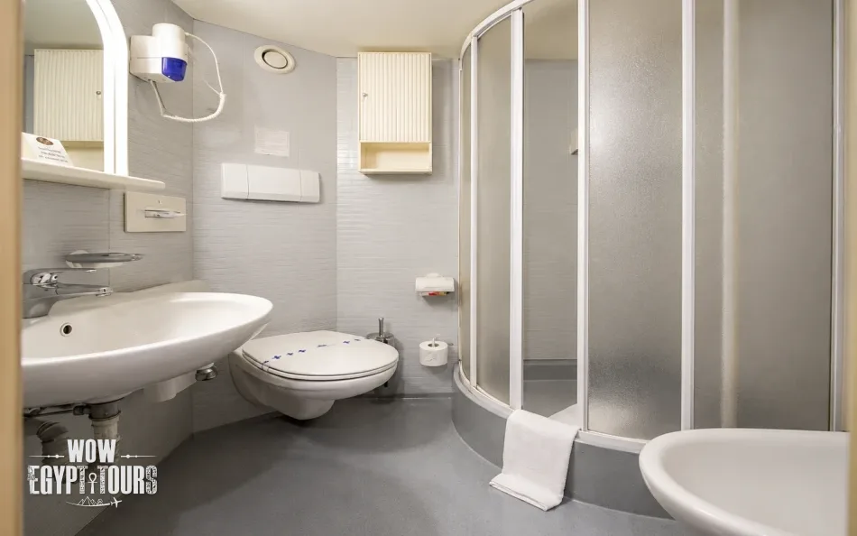 Private cabin bathroom aboard Jaz Crown Prince Nile Cruise