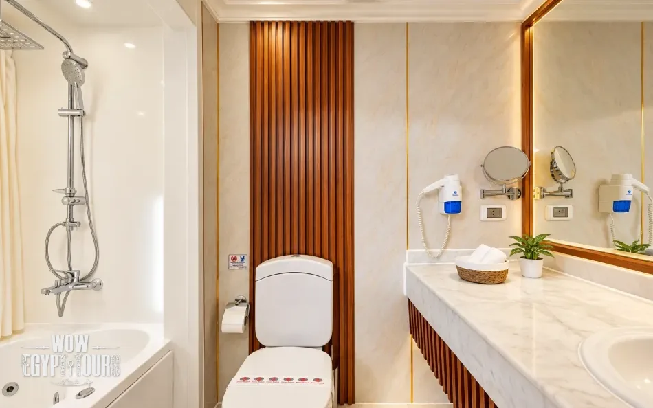 Private cabin bathroom aboard Chateau Lafayette Nile Cruise
