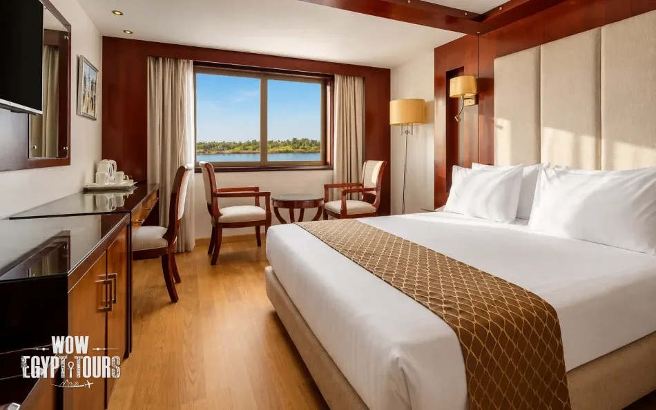 Double cabin with a large bed aboard Blue Shadow Nile Cruise