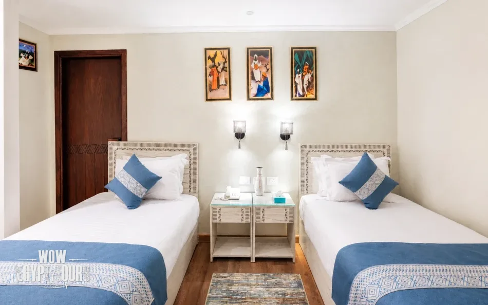 Interior view of a double cabin aboard Iris Dahabiya Nile Cruise