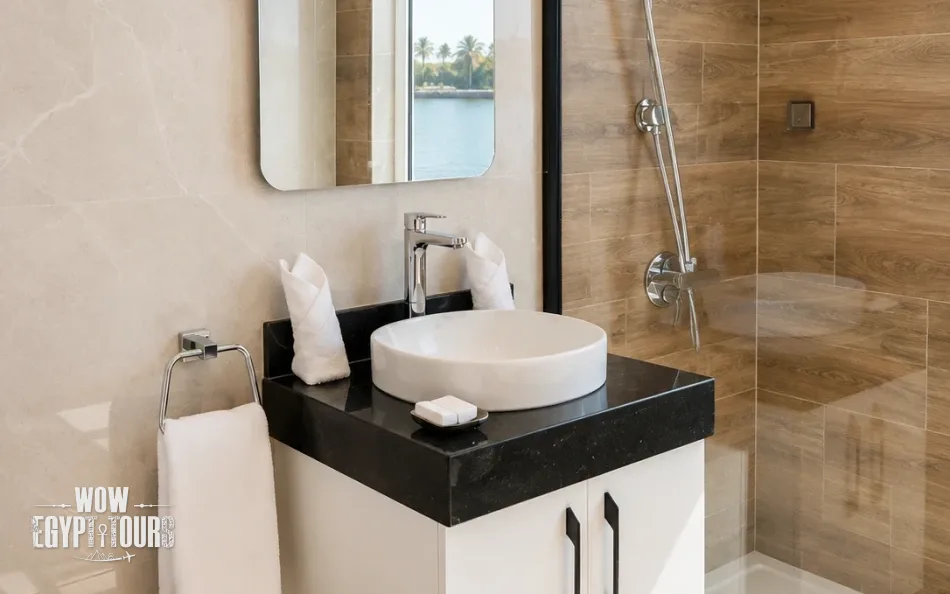 Private cabin bathroom aboard Swan Dahabiya Nile Cruise